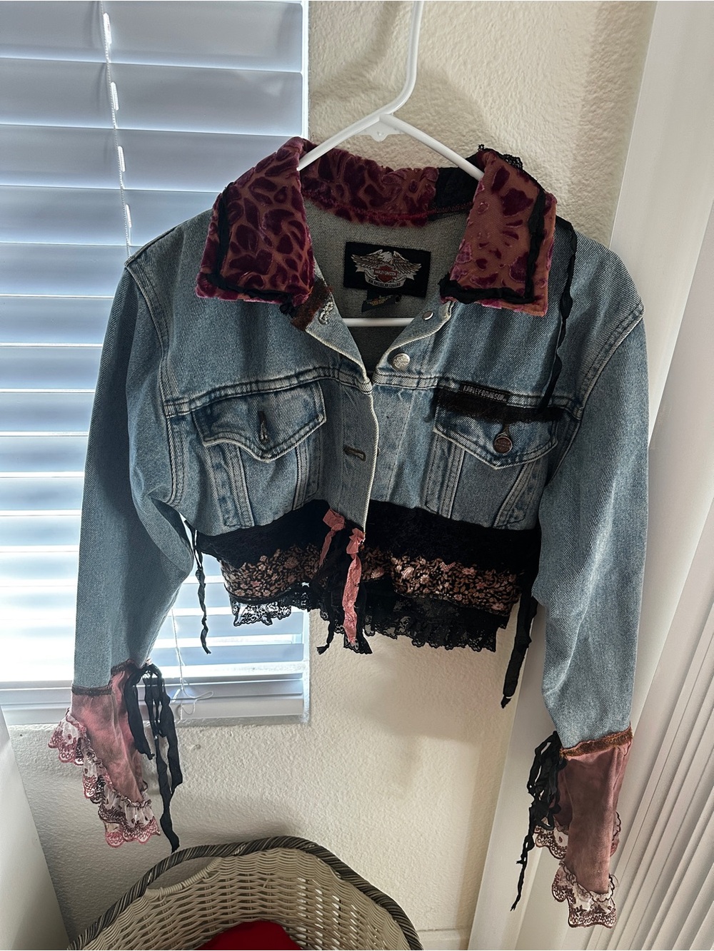 Harley-Davidson Light Blue Denim Crop Jacket with Burgundy Velvet Trim
